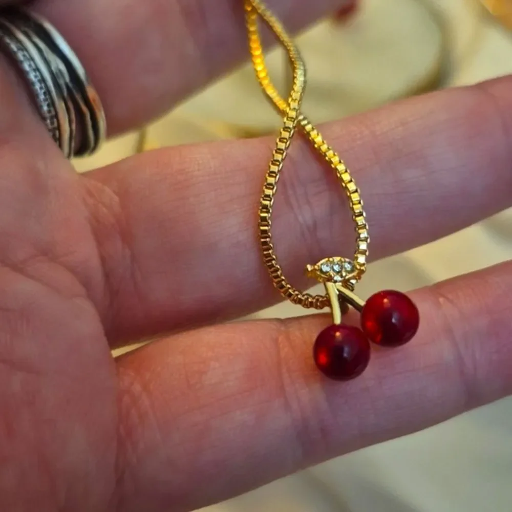 Gold Cherry Pendant Cable Necklace and Earrings Set In Gold Tone